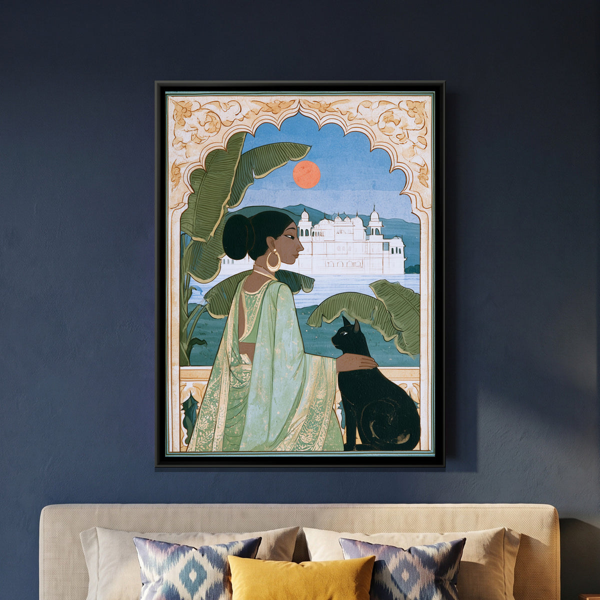 Indian Woman with Cat — framed canvas art hung on a wall