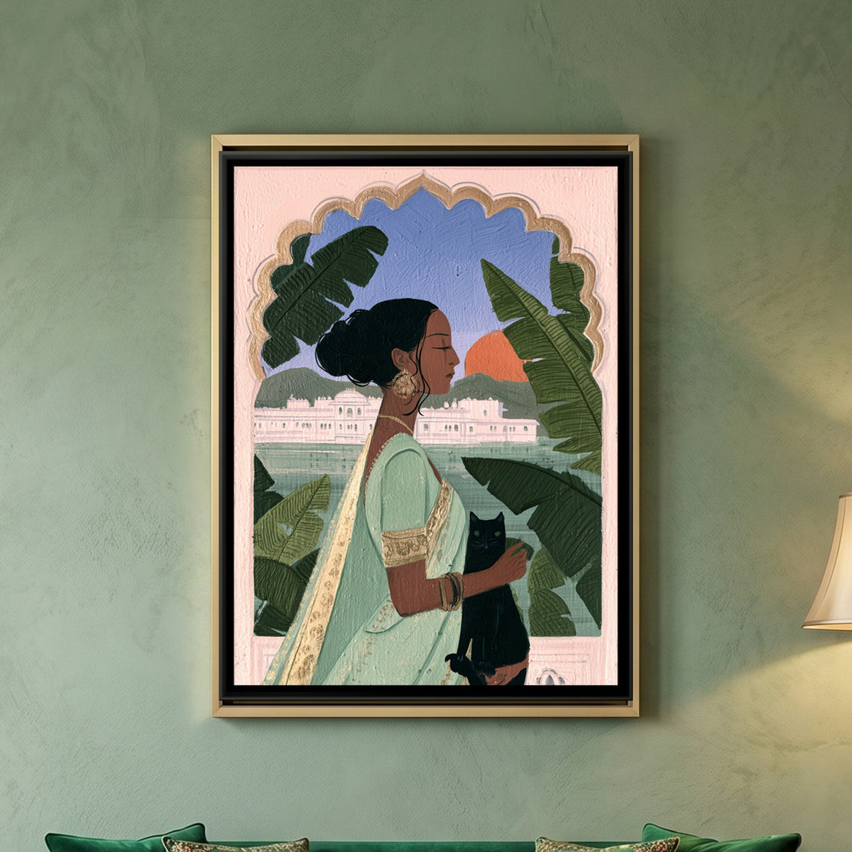 Indian Woman with Cat — framed canvas art hung on a wall