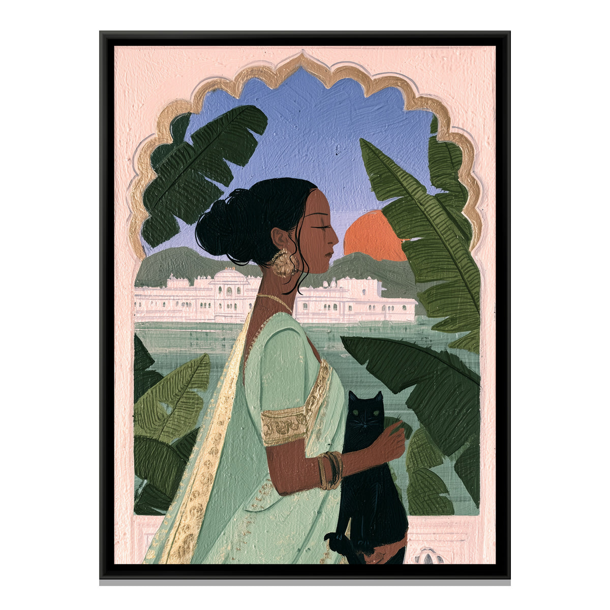Indian Woman with Cat — framed canvas print, front view