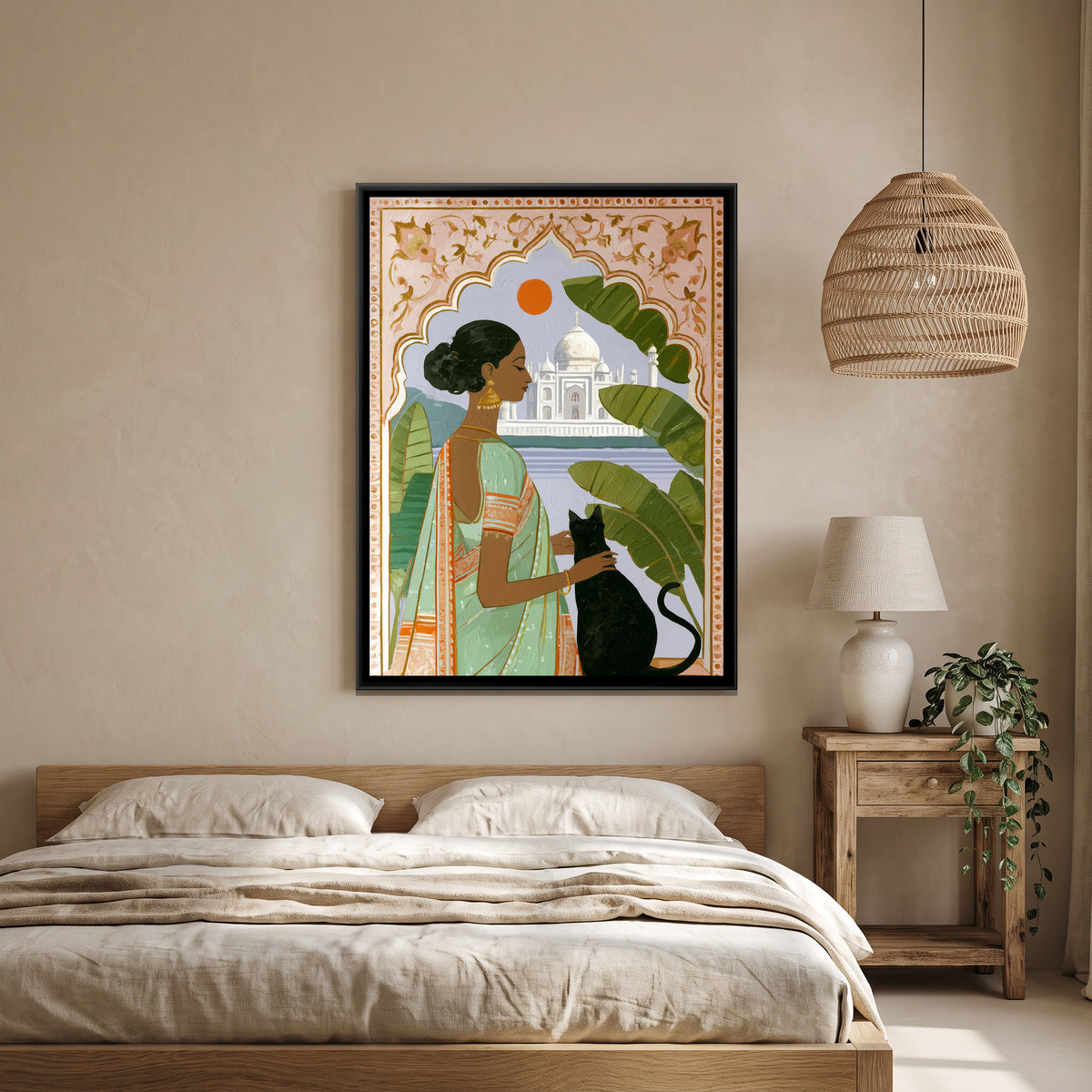 Indian Woman with Cat — canvas art shown in a styled room