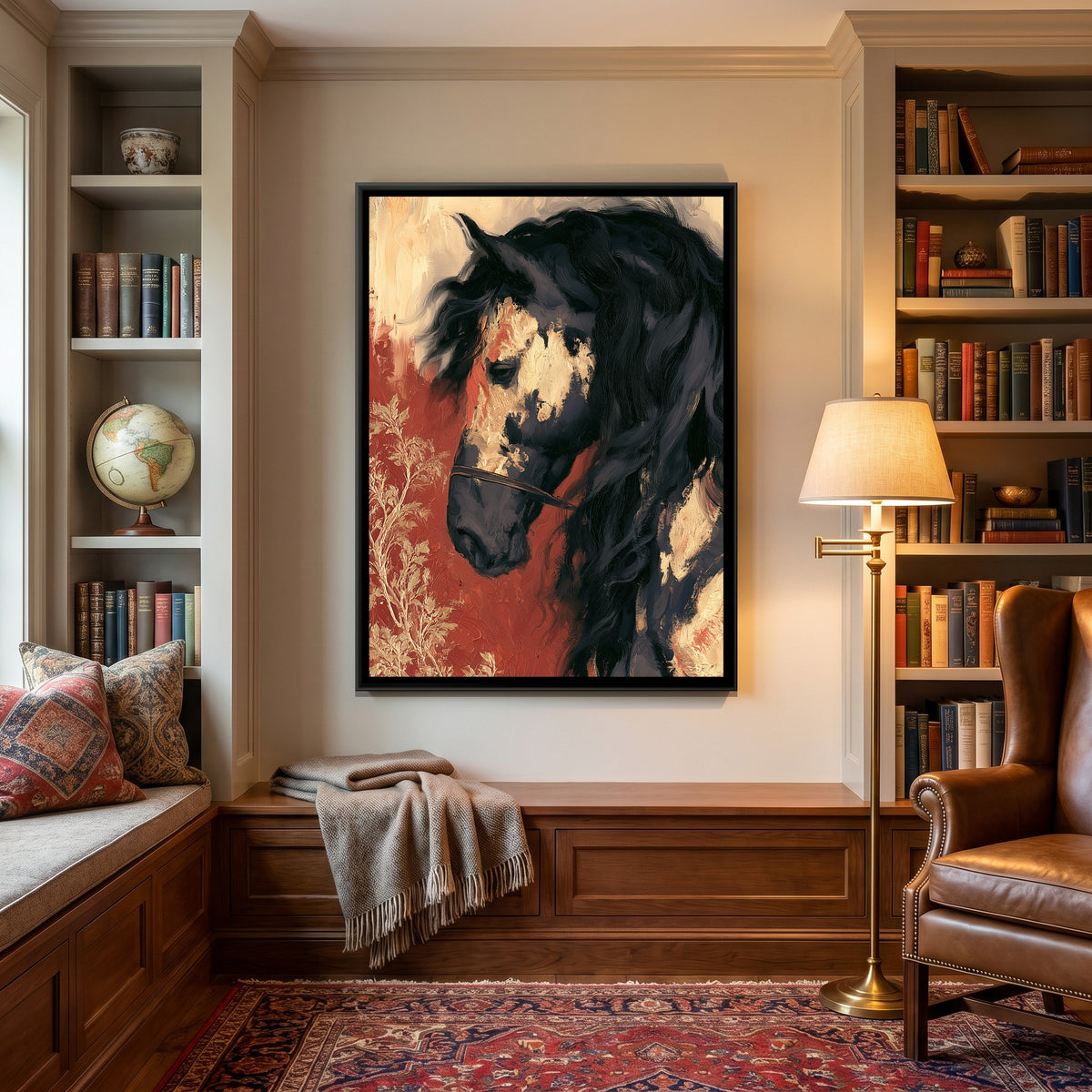 Gold Leaf Horse — canvas art shown in a styled room