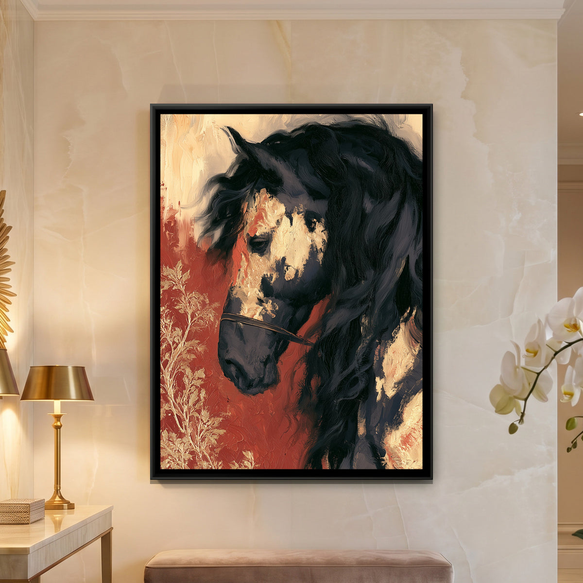 Gold Leaf Horse — framed canvas art hung on a wall