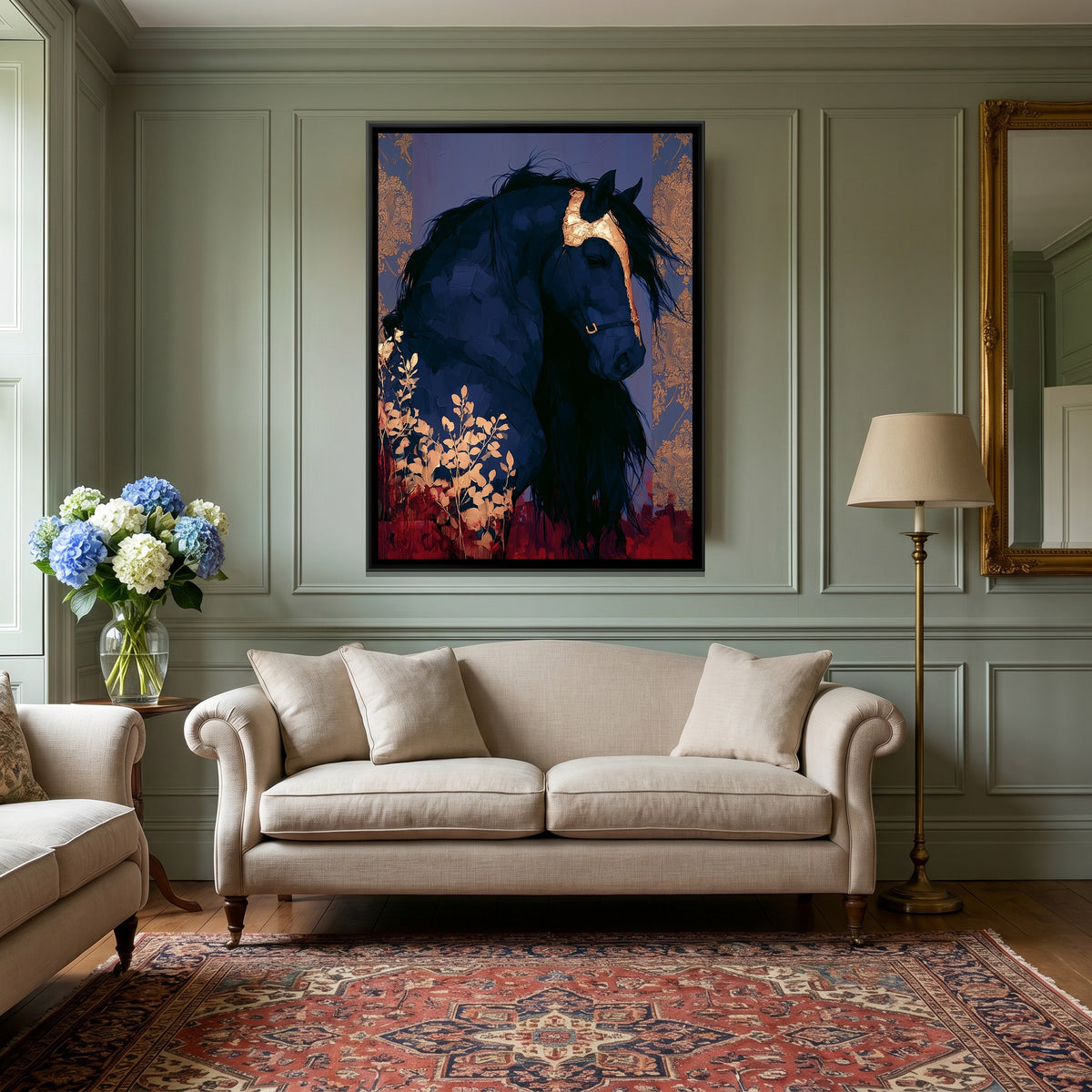 Black Horse — canvas art shown in a second room setting