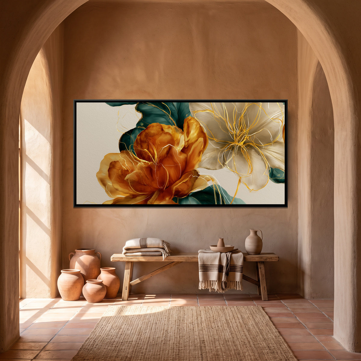 Abstract Lilies — canvas art shown in a styled room