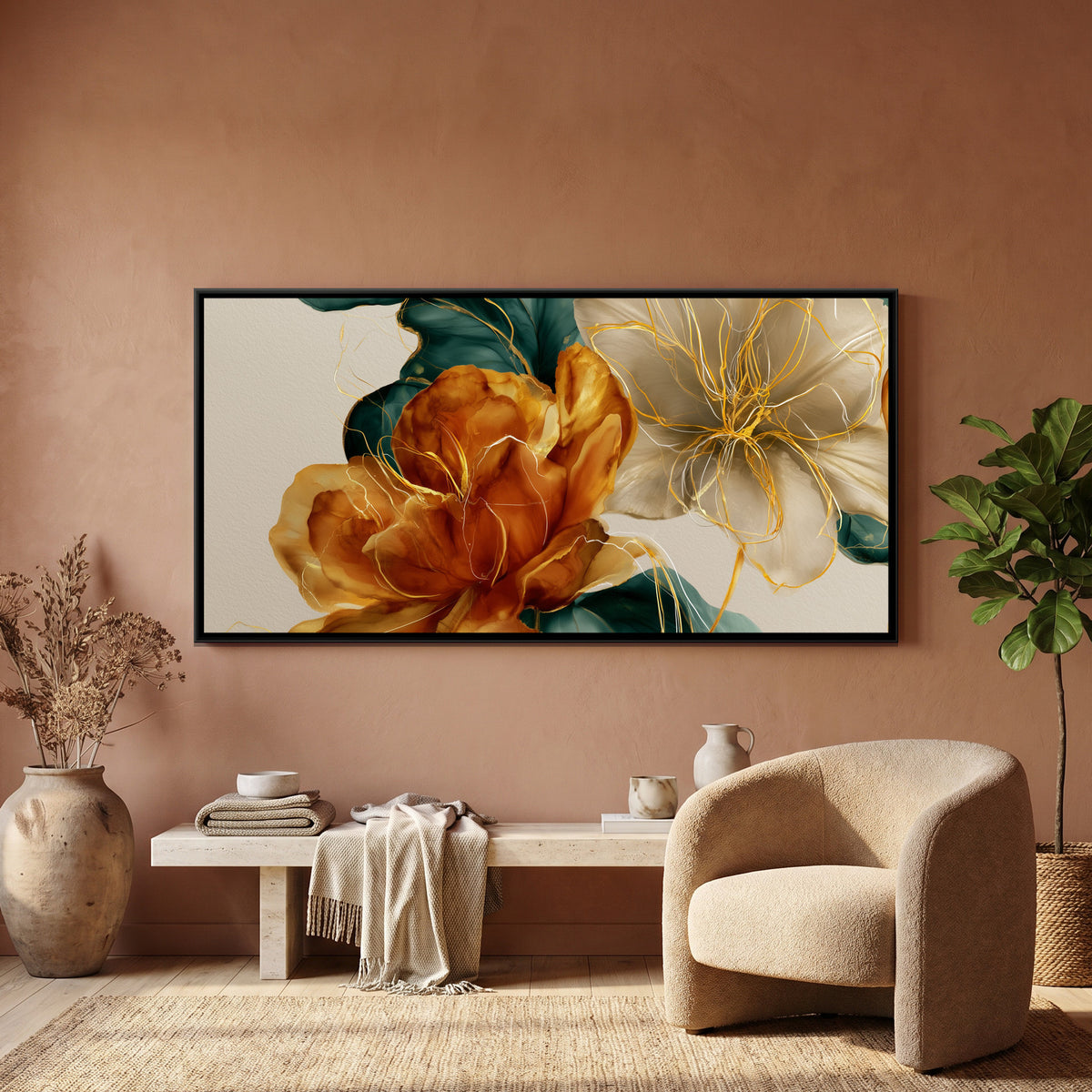 Abstract Lilies — framed canvas art hung on a wall