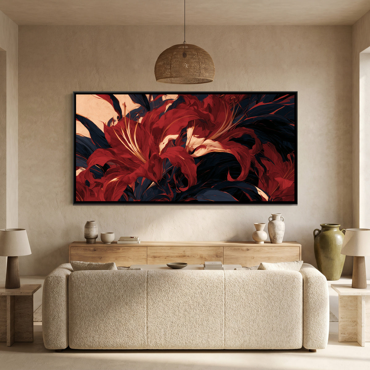 Abstract Lilies — canvas art shown in a styled room