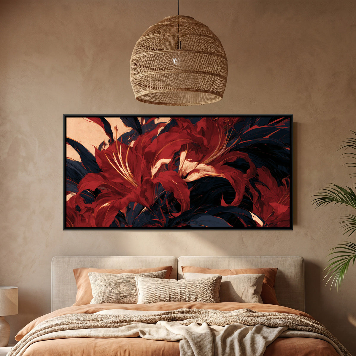 Abstract Lilies — framed canvas art hung on a wall