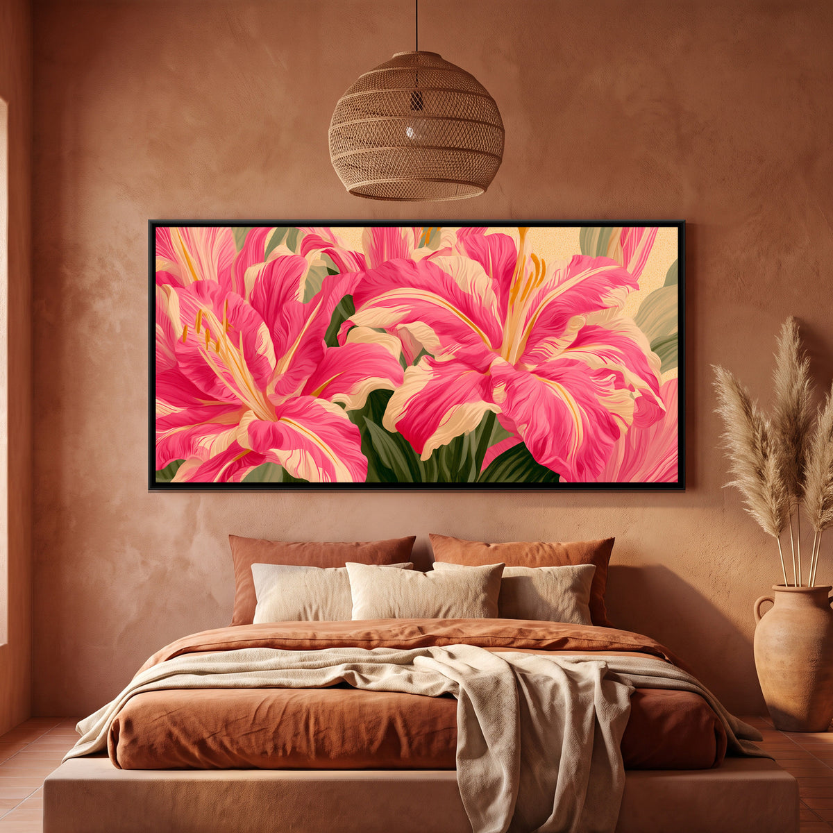 Abstract Lilies — framed canvas art hung on a wall