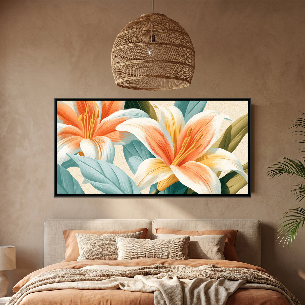 Abstract Lilies — framed canvas art hung on a wall