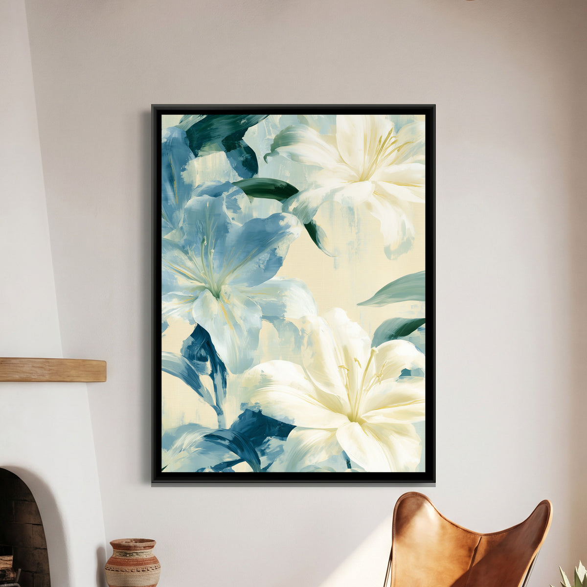 Abstract Lilies — framed canvas art hung on a wall