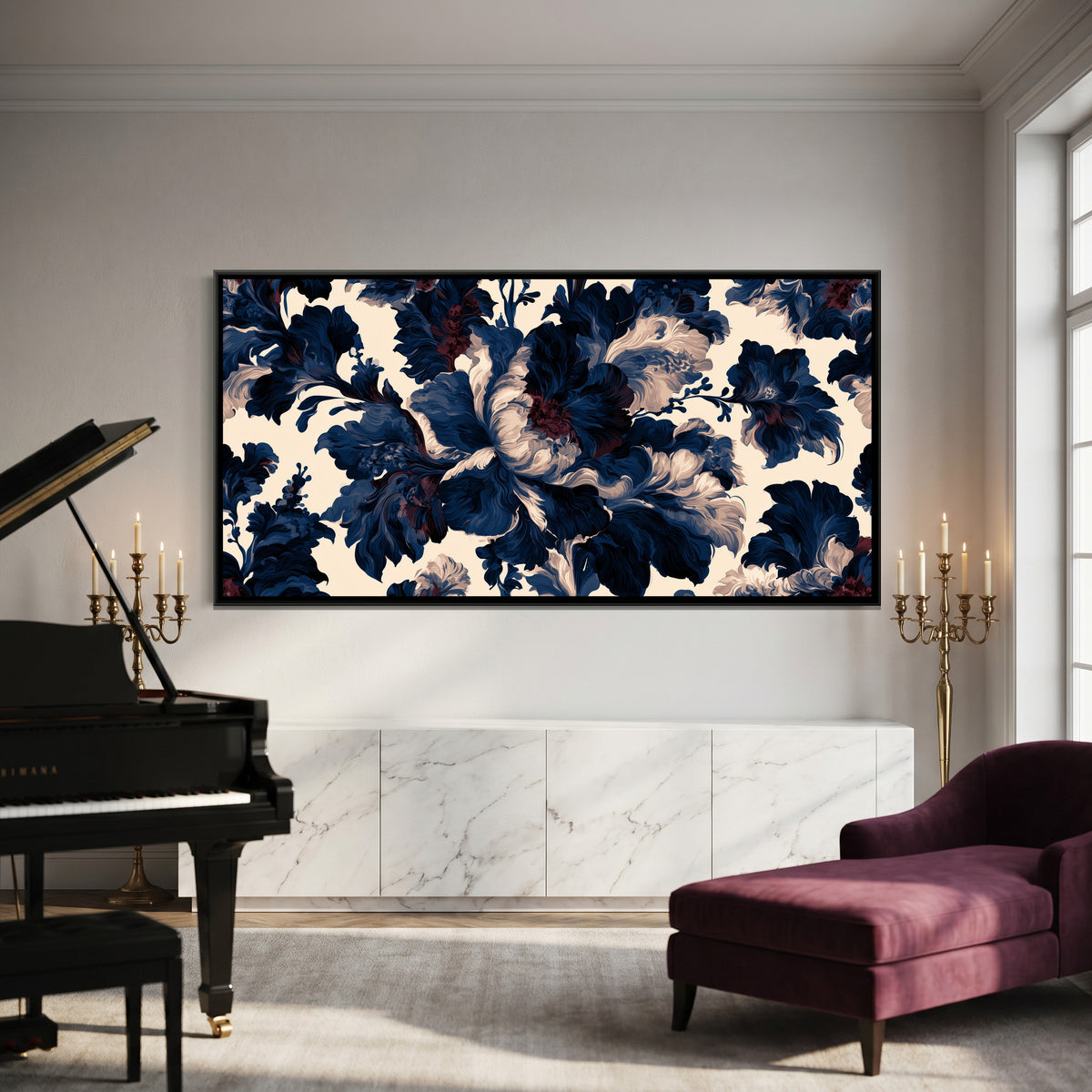 Indigo Floral Pattern — canvas art shown in a second room setting