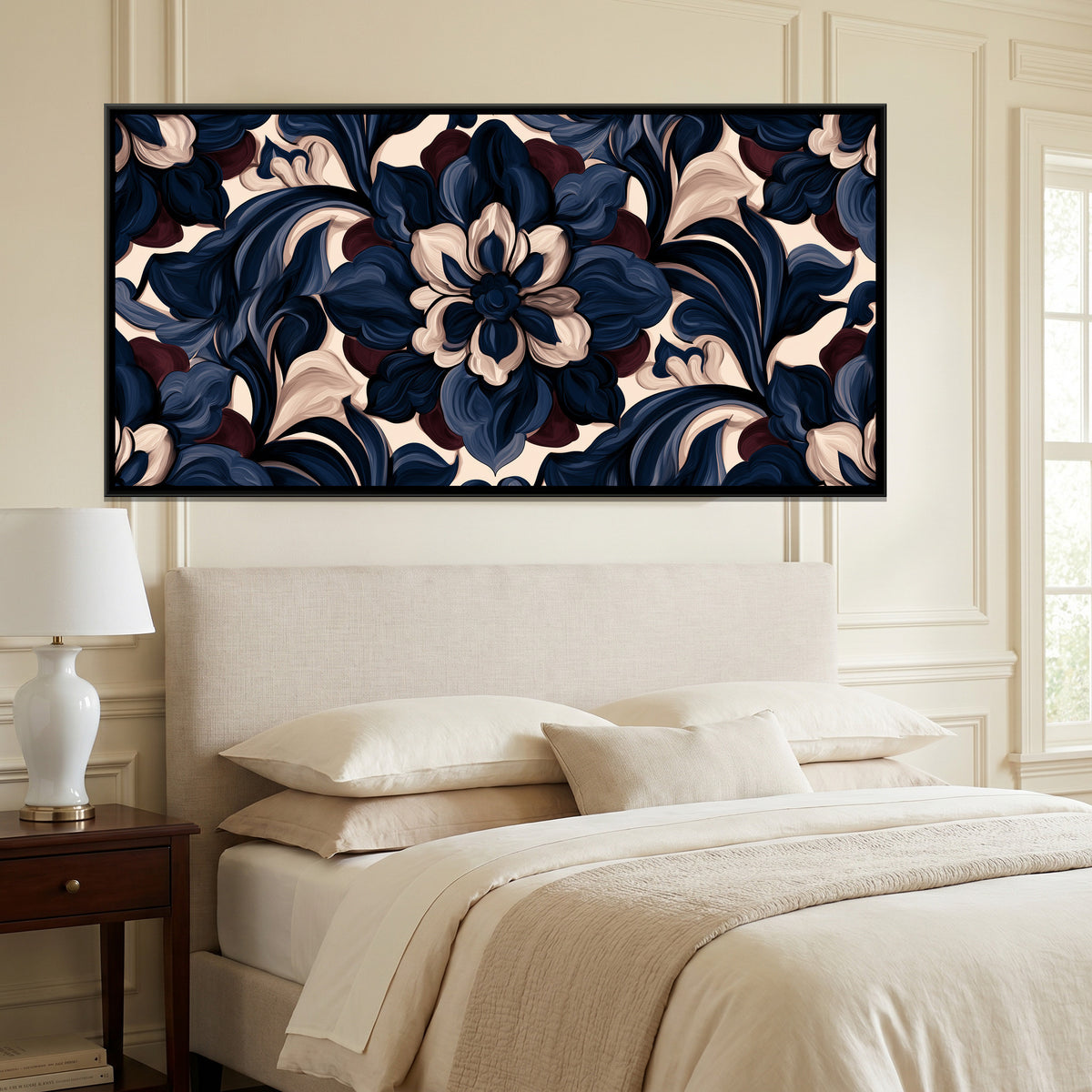 Indigo Floral Pattern — canvas art shown in a styled room
