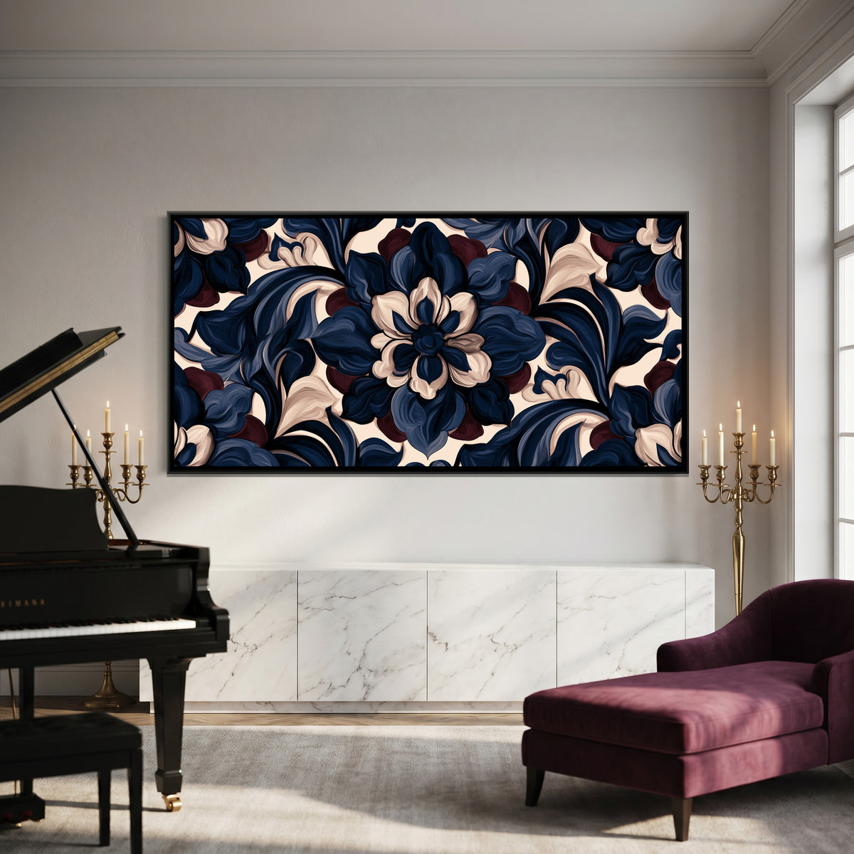 Indigo Floral Pattern — canvas art shown in a second room setting