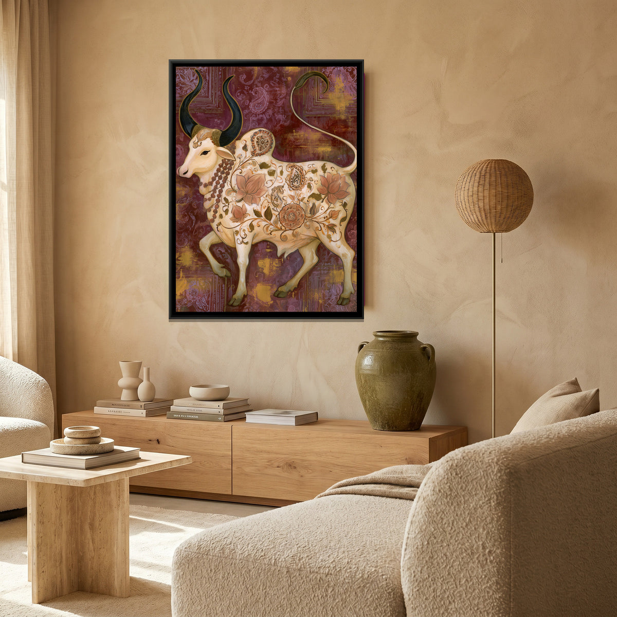 Nandi Ji — canvas art shown in a second room setting