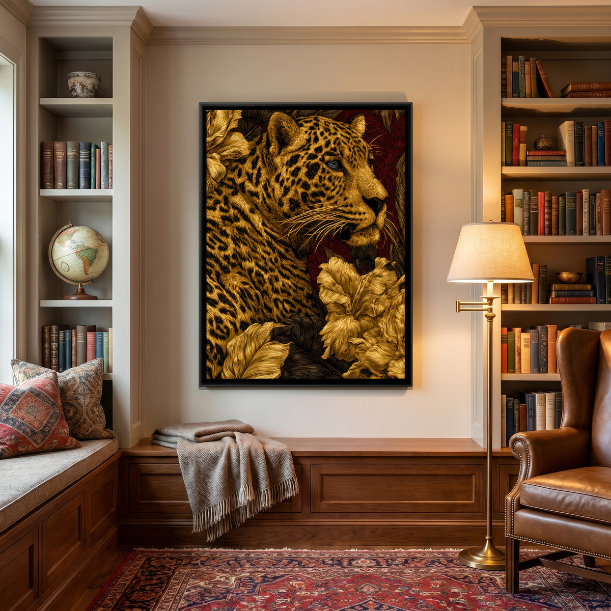 Golden Jaguar — canvas art shown in a second room setting