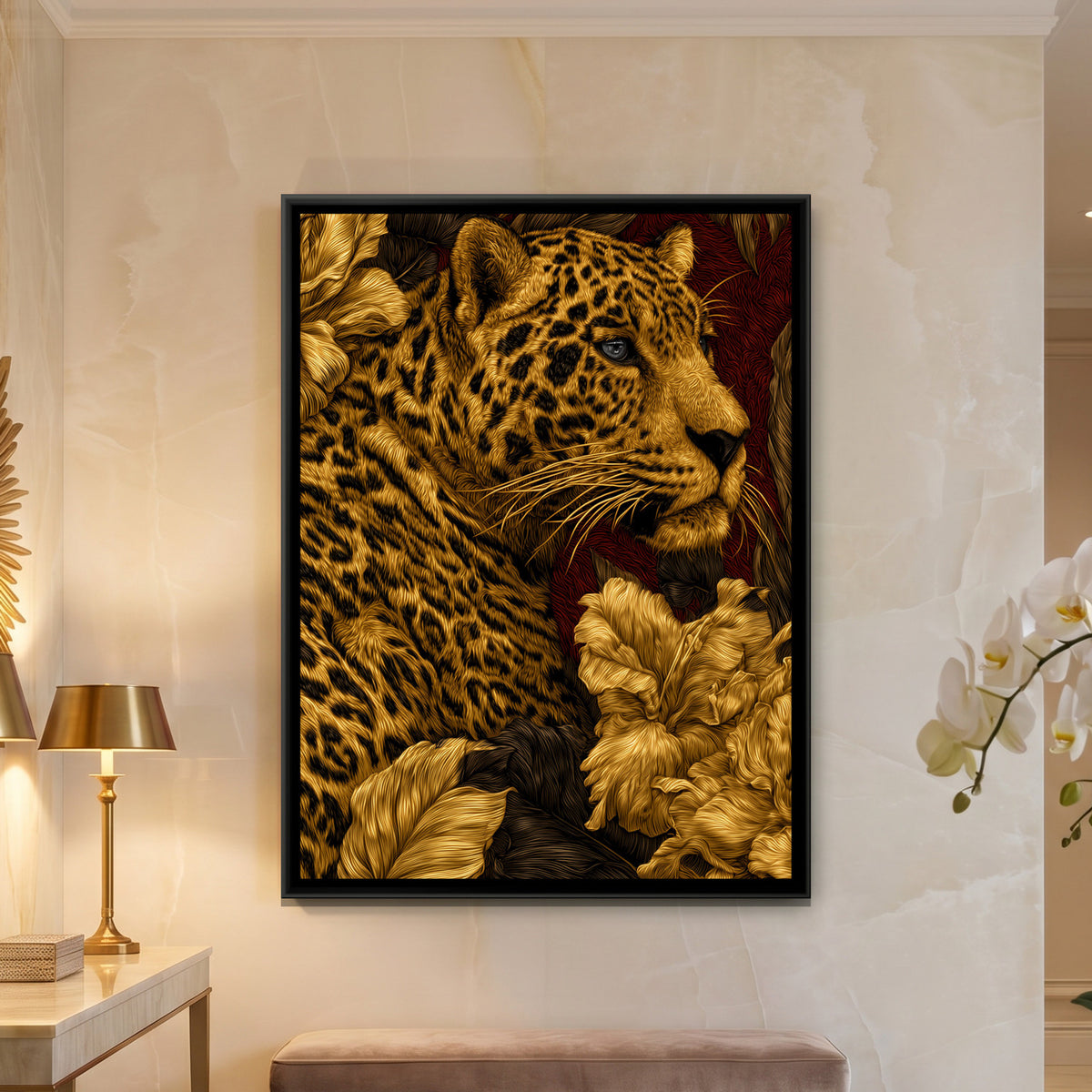 Golden Jaguar — framed canvas art hung on a wall