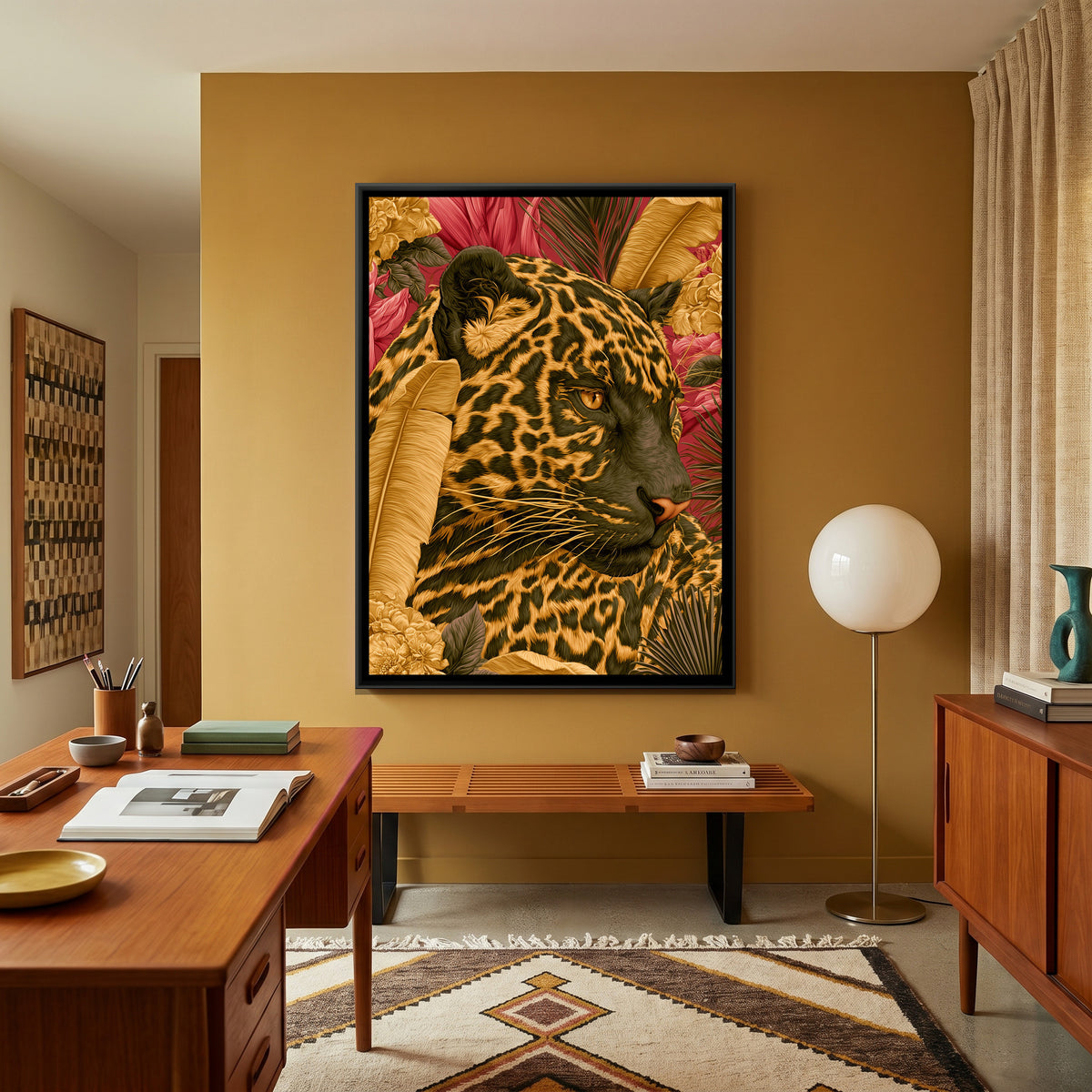 Leopard in Tropical Leaves — canvas art shown in a second room setting