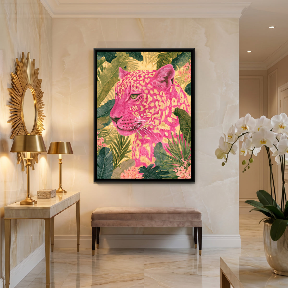 Pink Leopard — canvas art shown in a second room setting