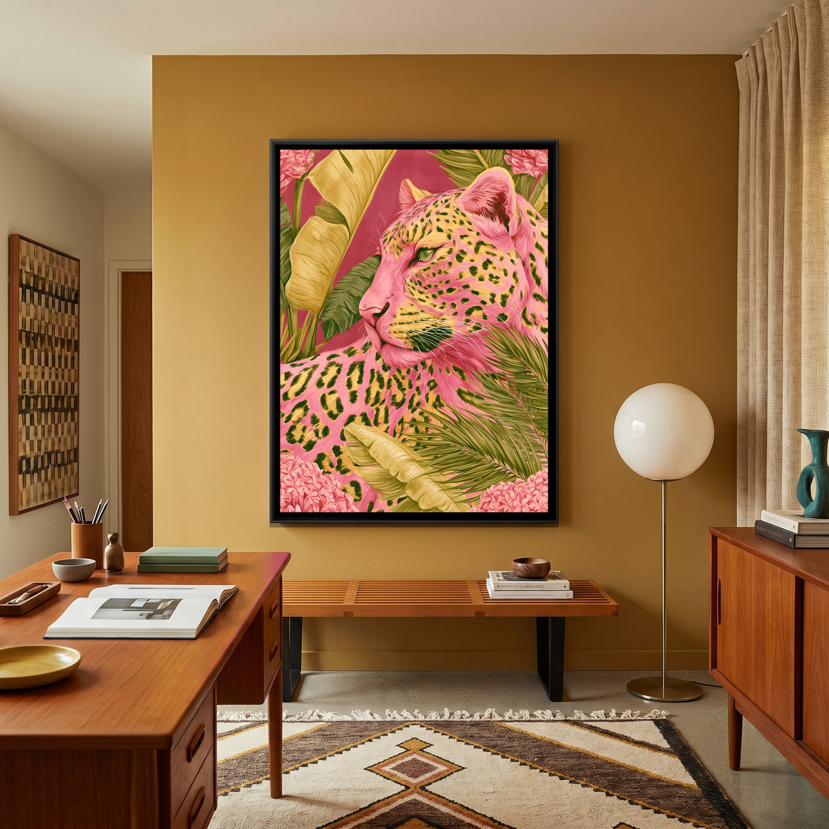 Pink Leopard — canvas art shown in a second room setting