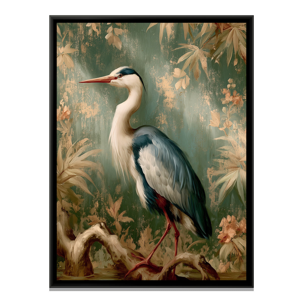 Chinoiserie Heron — framed canvas print, front view