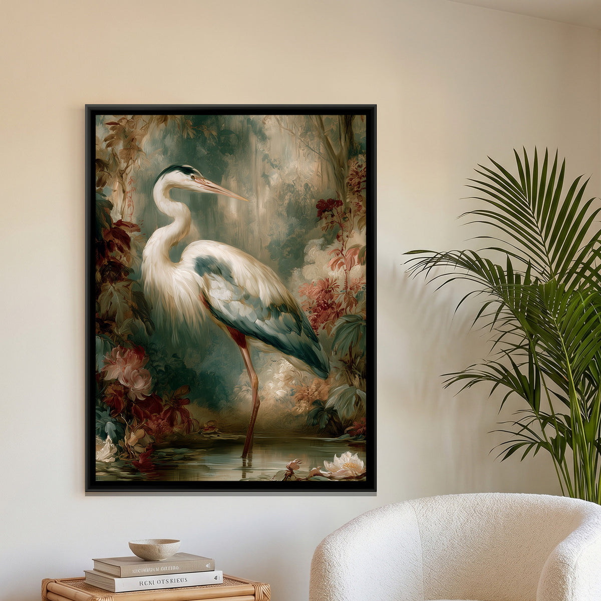 Grey Heron — framed canvas art hung on a wall