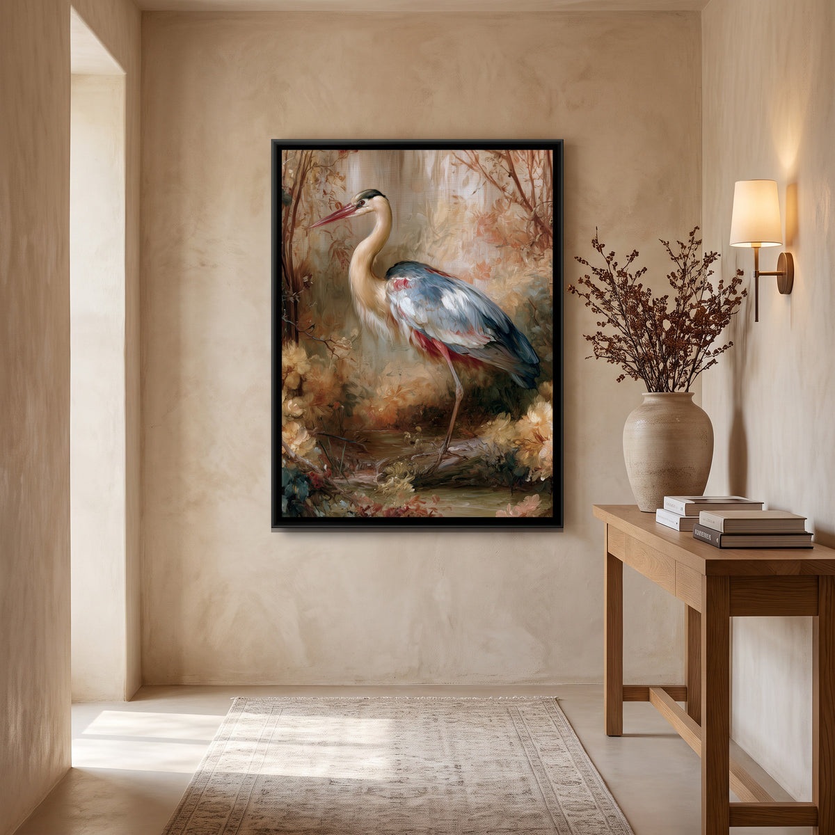Grey Heron — canvas art shown in a styled room