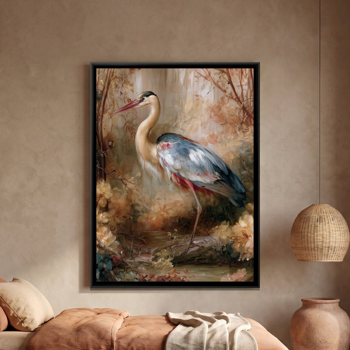 Grey Heron — framed canvas art hung on a wall