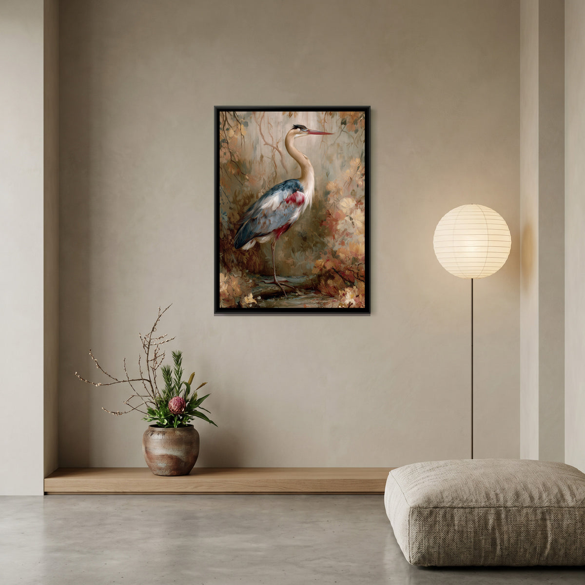 Grey Heron — canvas art shown in a second room setting