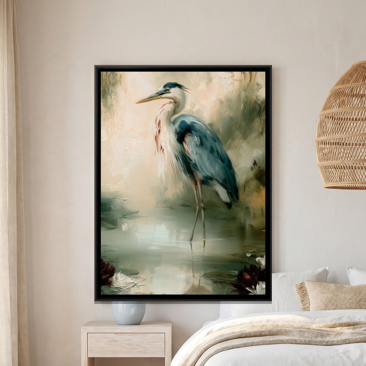Grey Heron — framed canvas art hung on a wall