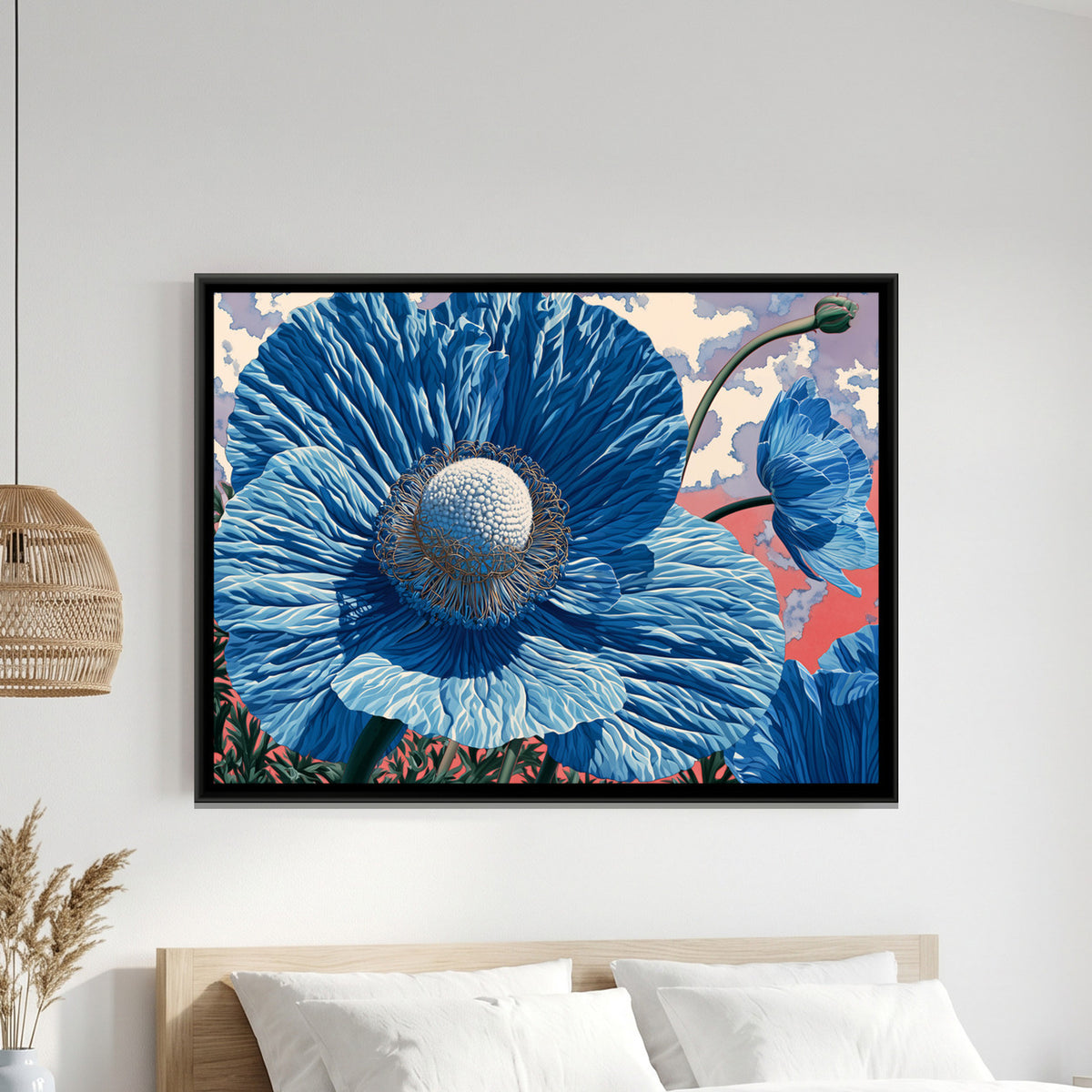 Blue Poppy — framed canvas art hung on a wall