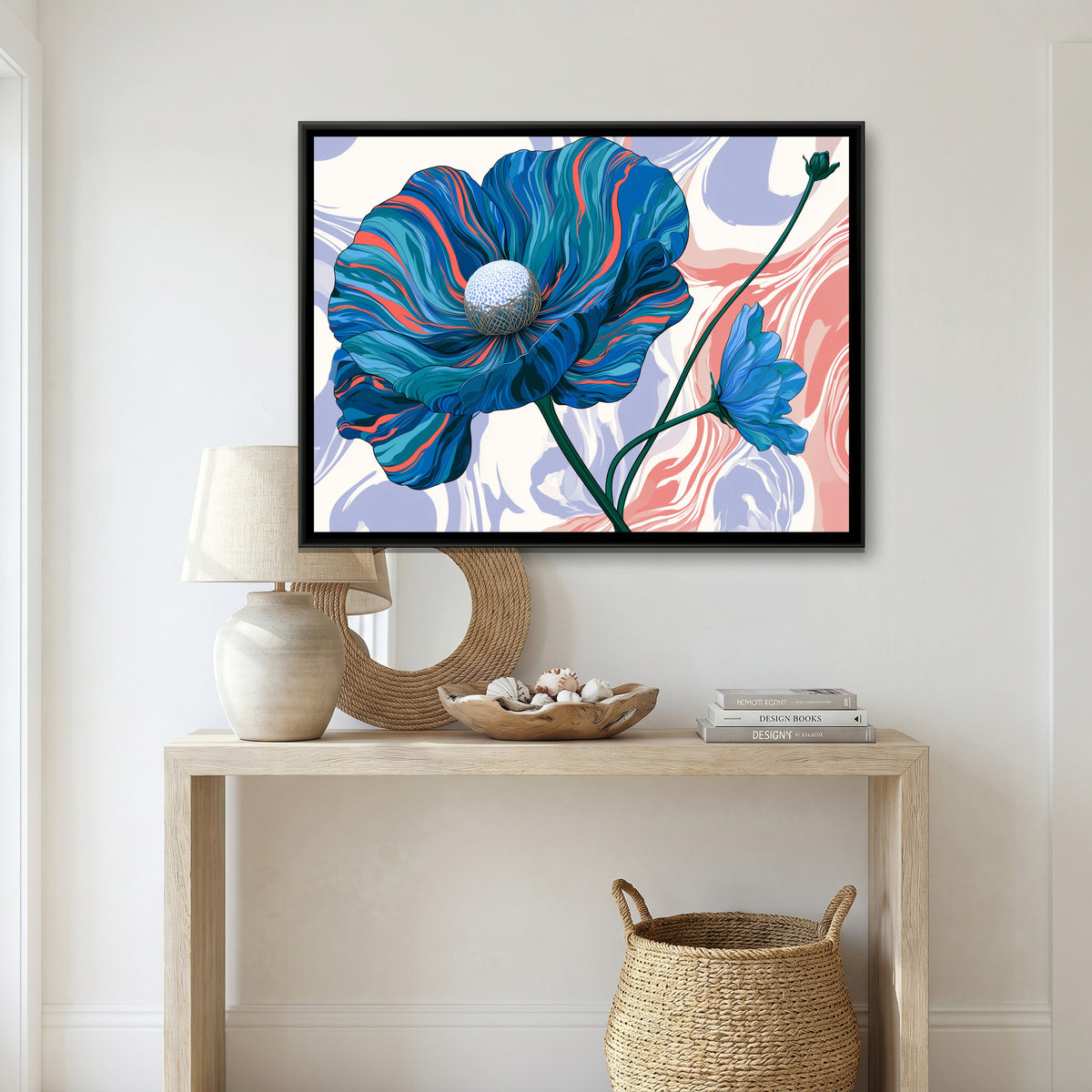 Blue Poppy — canvas art shown in a second room setting
