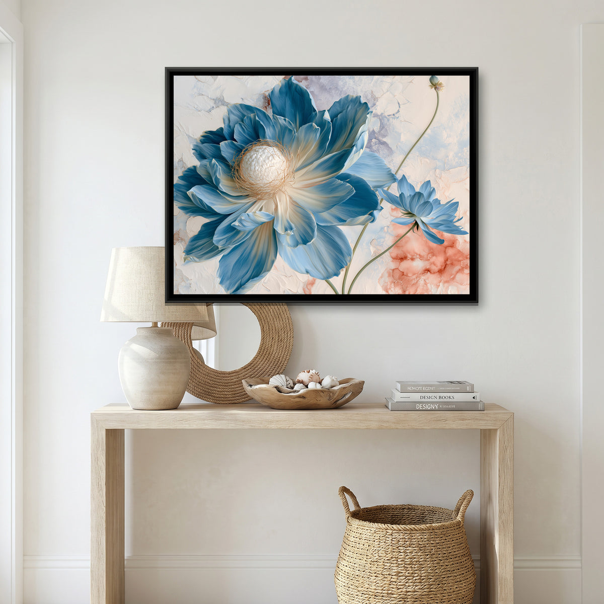 Blue Poppy — canvas art shown in a second room setting
