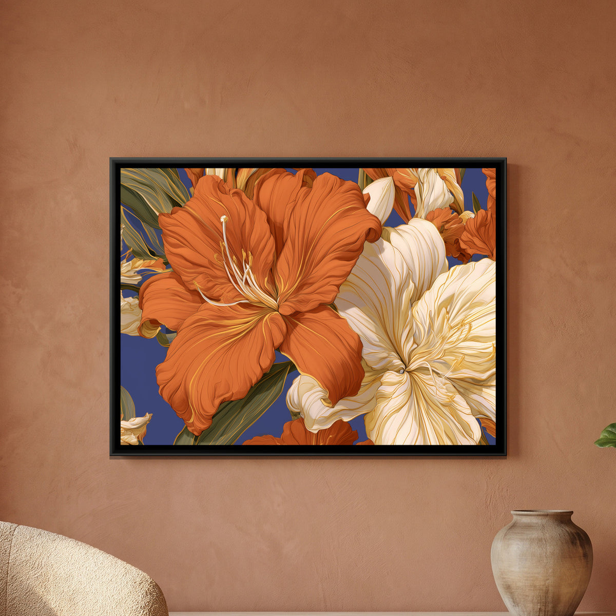 Lilies — framed canvas art hung on a wall