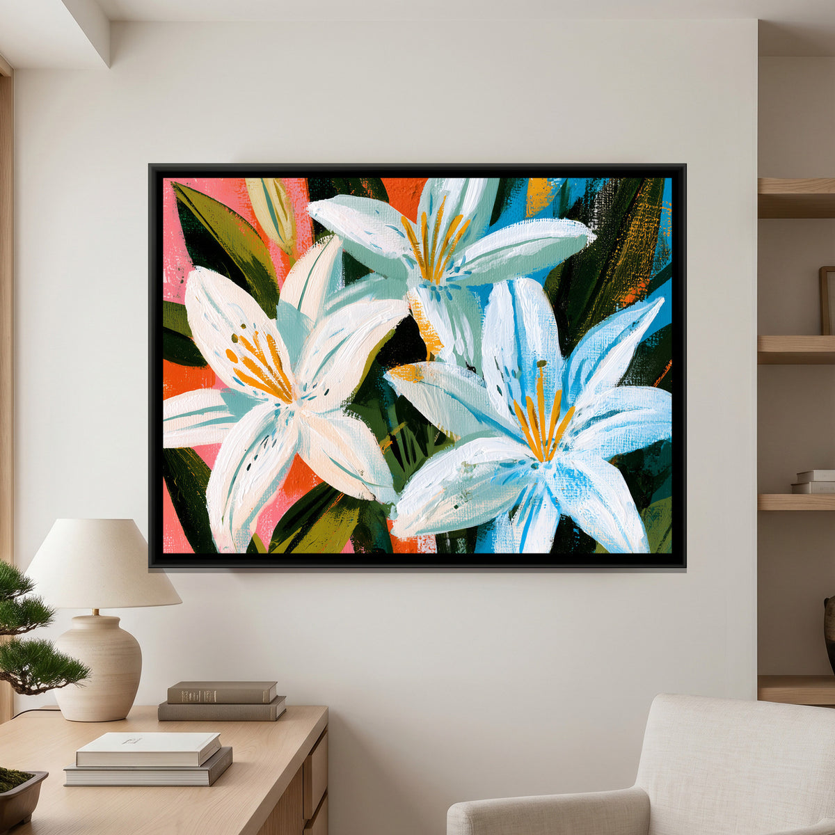 Lilies — framed canvas art hung on a wall