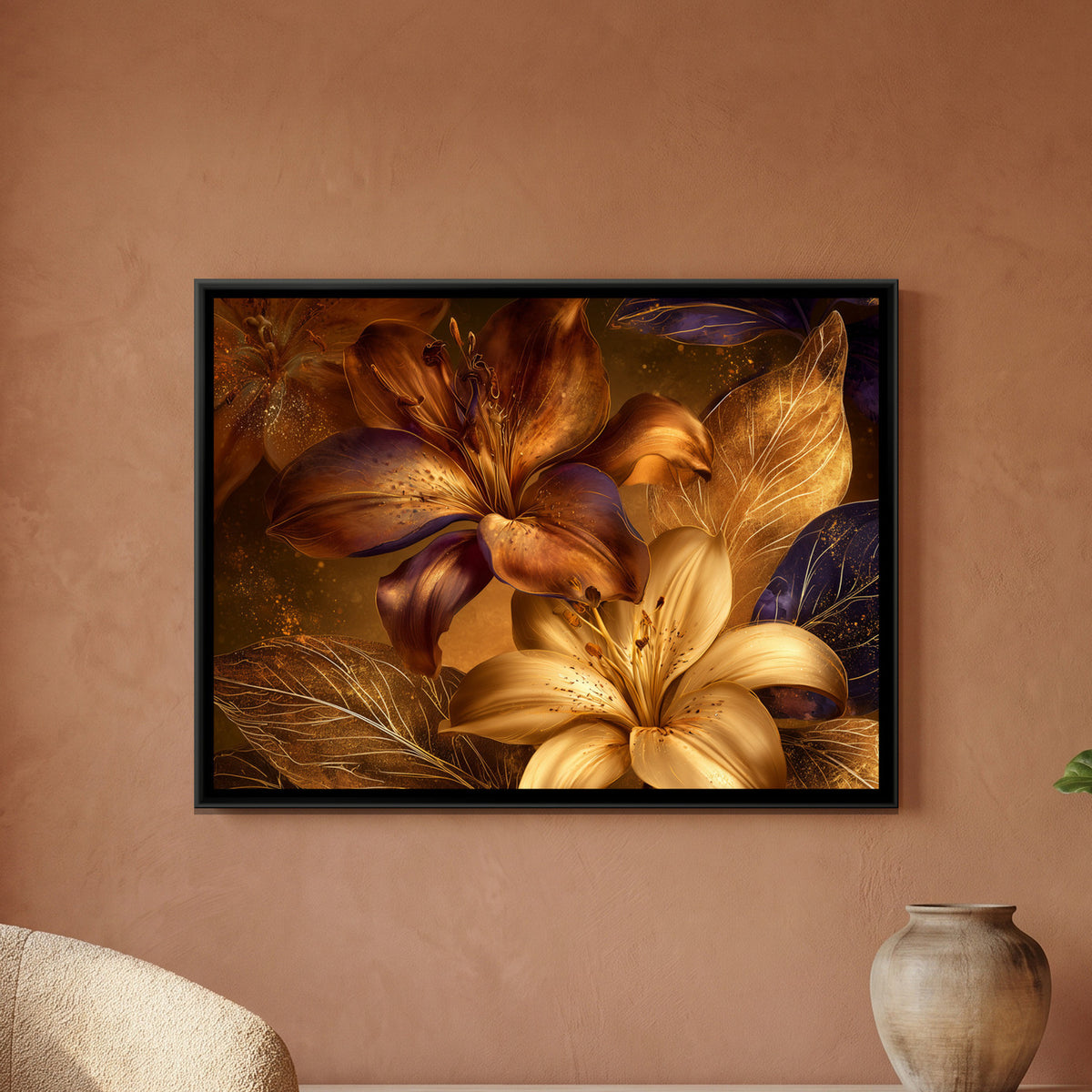 Lilies — framed canvas art hung on a wall