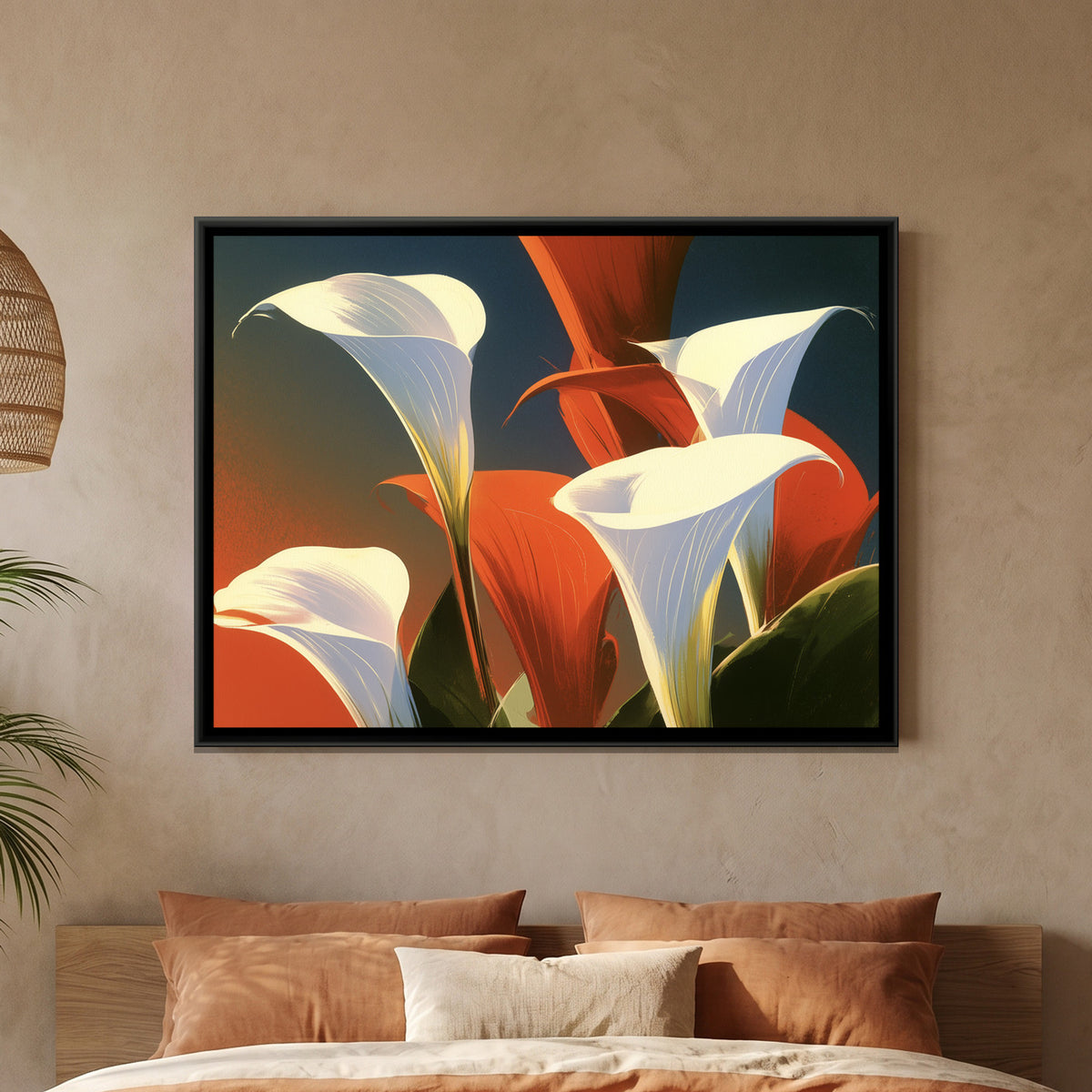 Calla Lilies — framed canvas art hung on a wall