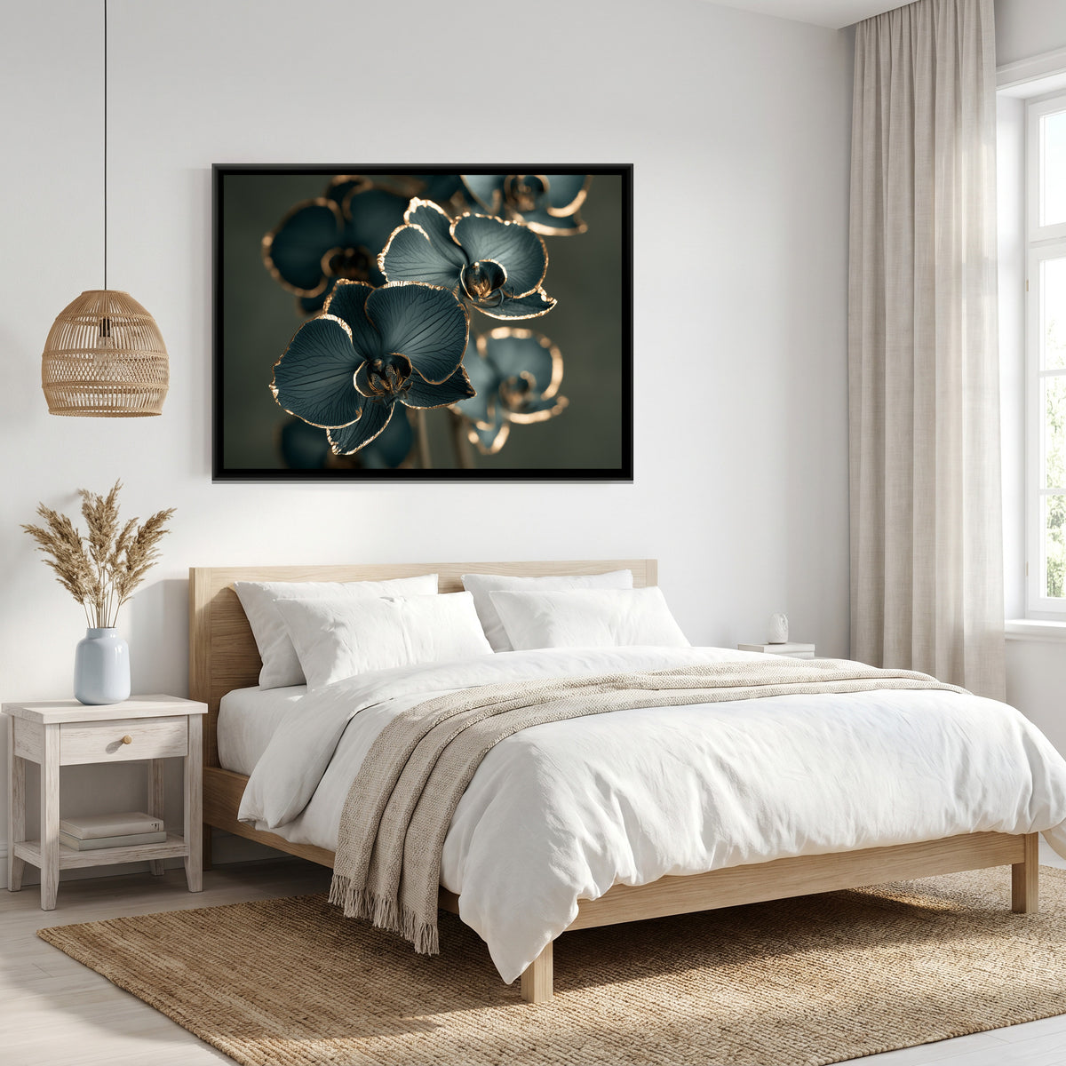 Teal Orchids — canvas art shown in a styled room