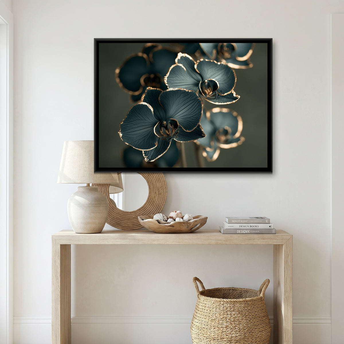 Teal Orchids — canvas art shown in a second room setting