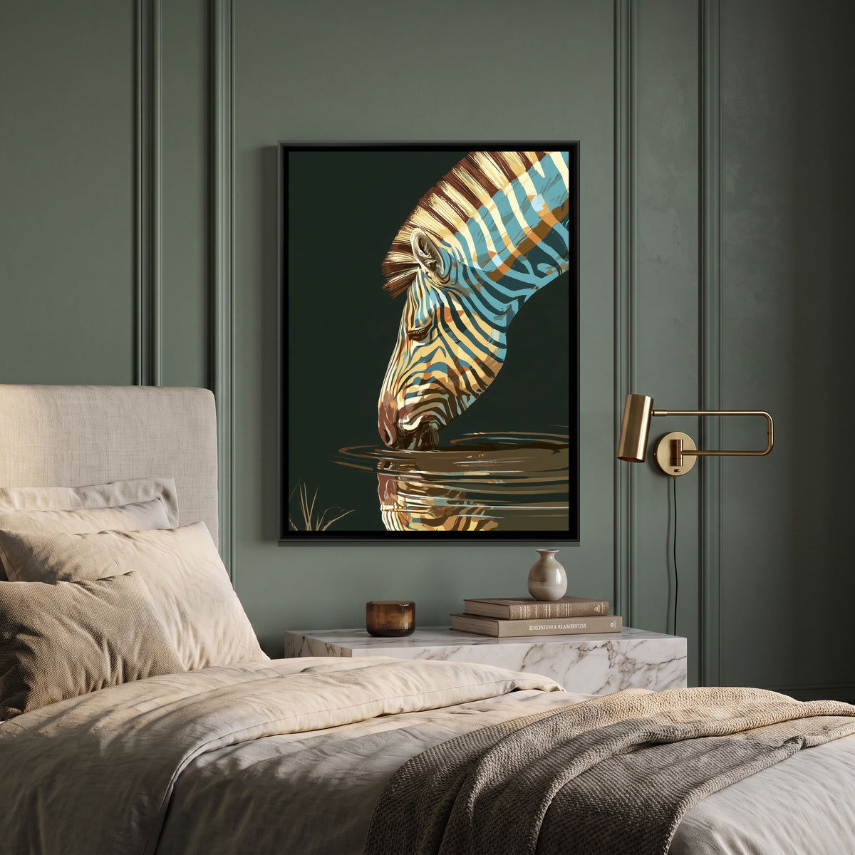 Zebra Drinking — canvas art shown in a styled room