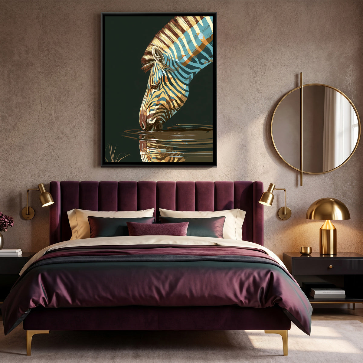 Zebra Drinking — canvas art shown in a second room setting