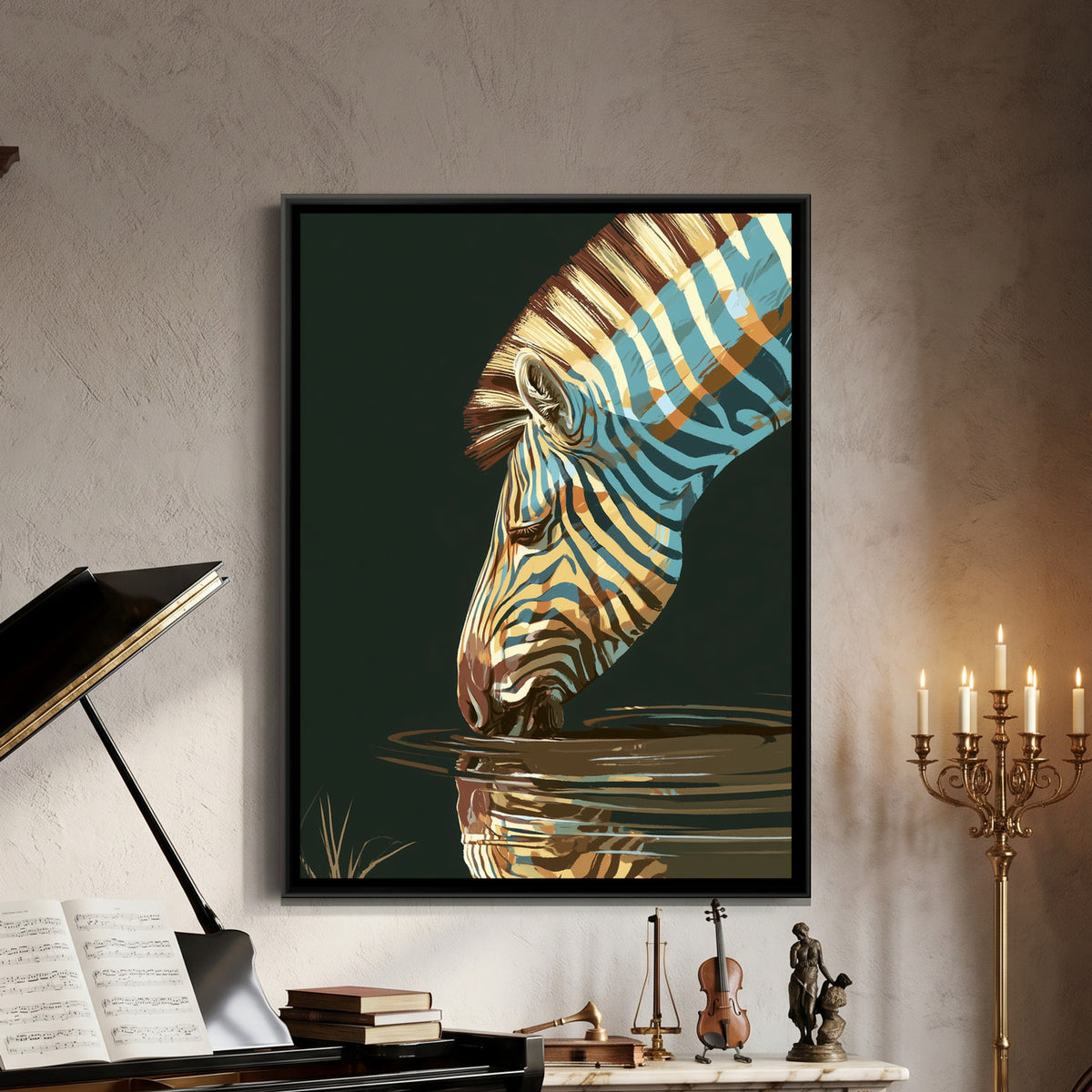 Zebra Drinking — framed canvas art hung on a wall