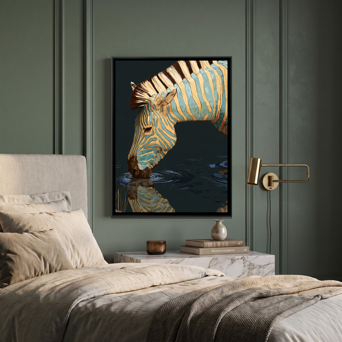 Zebra Drinking — canvas art shown in a styled room