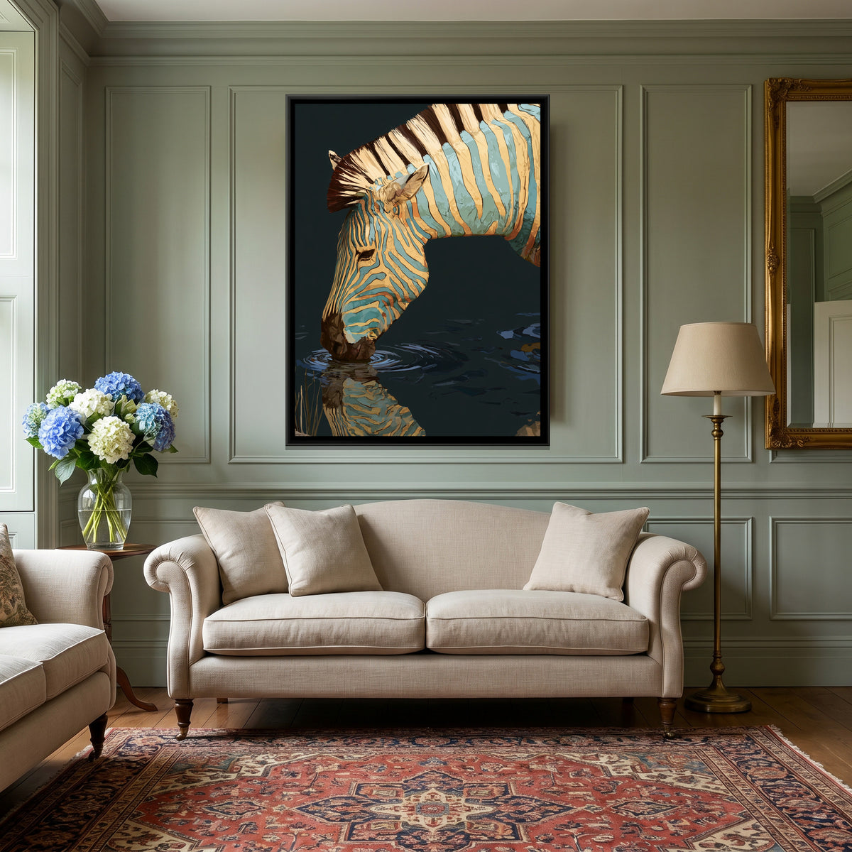Zebra Drinking — canvas art shown in a second room setting