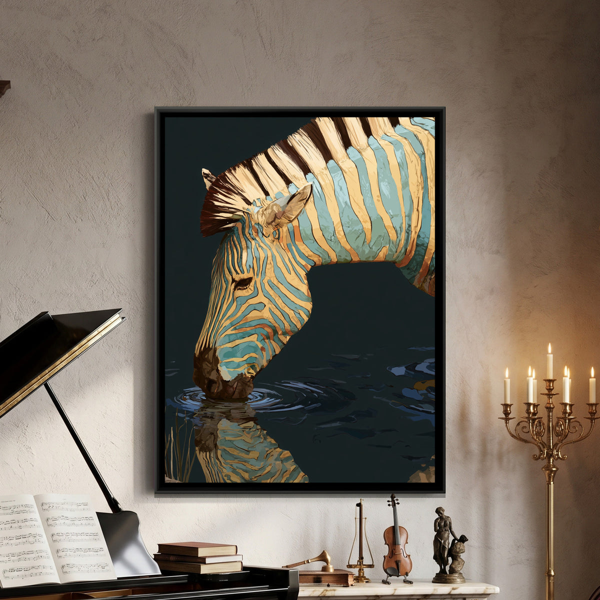 Zebra Drinking — framed canvas art hung on a wall