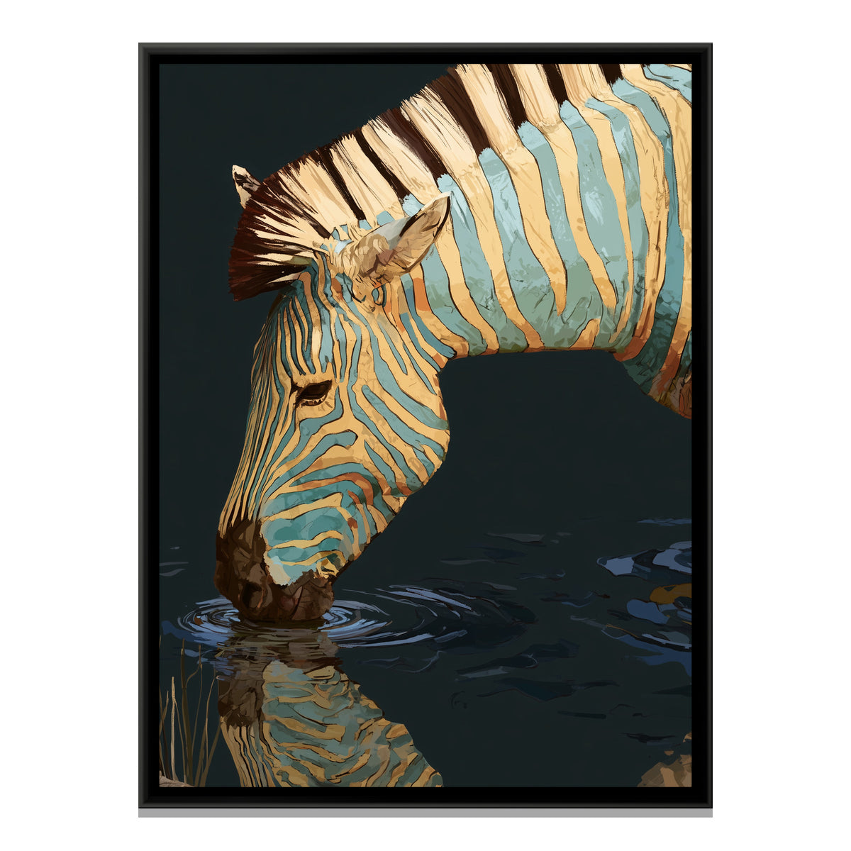 Zebra Drinking — framed canvas print, front view