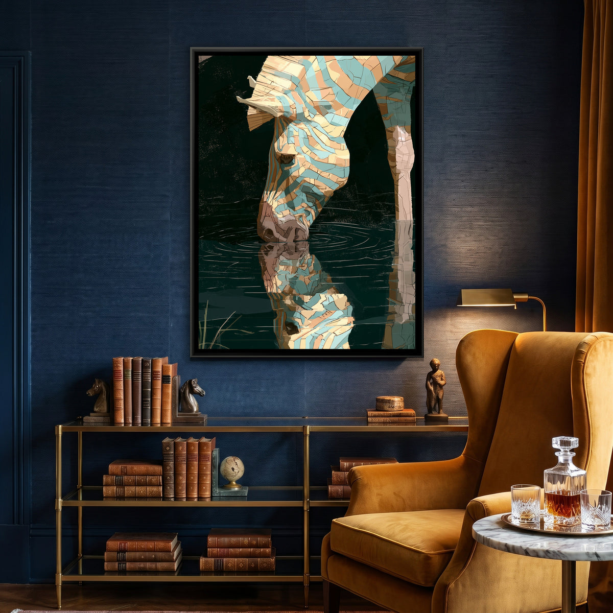 Zebra Drinking — canvas art shown in a styled room