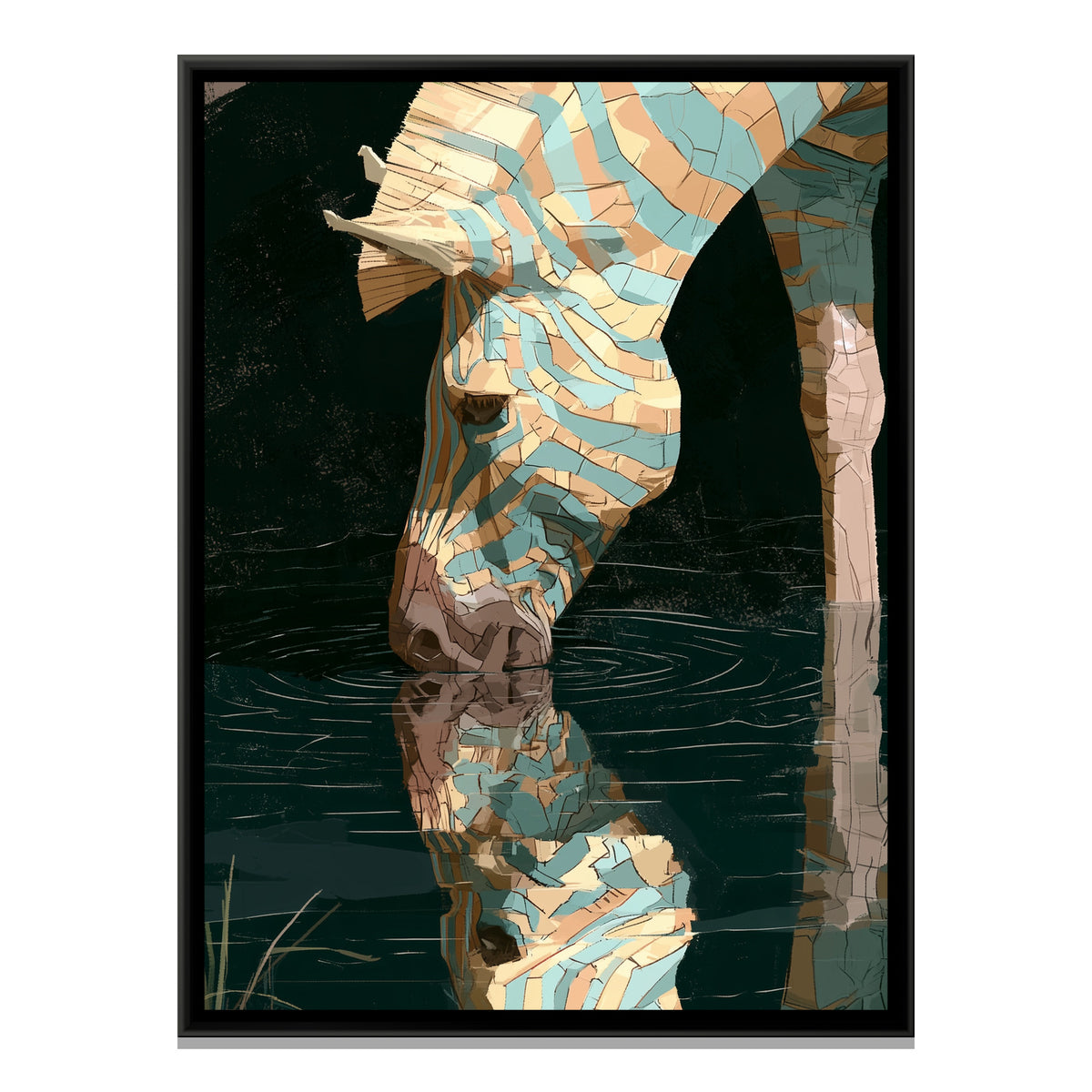 Zebra Drinking — framed canvas print, front view