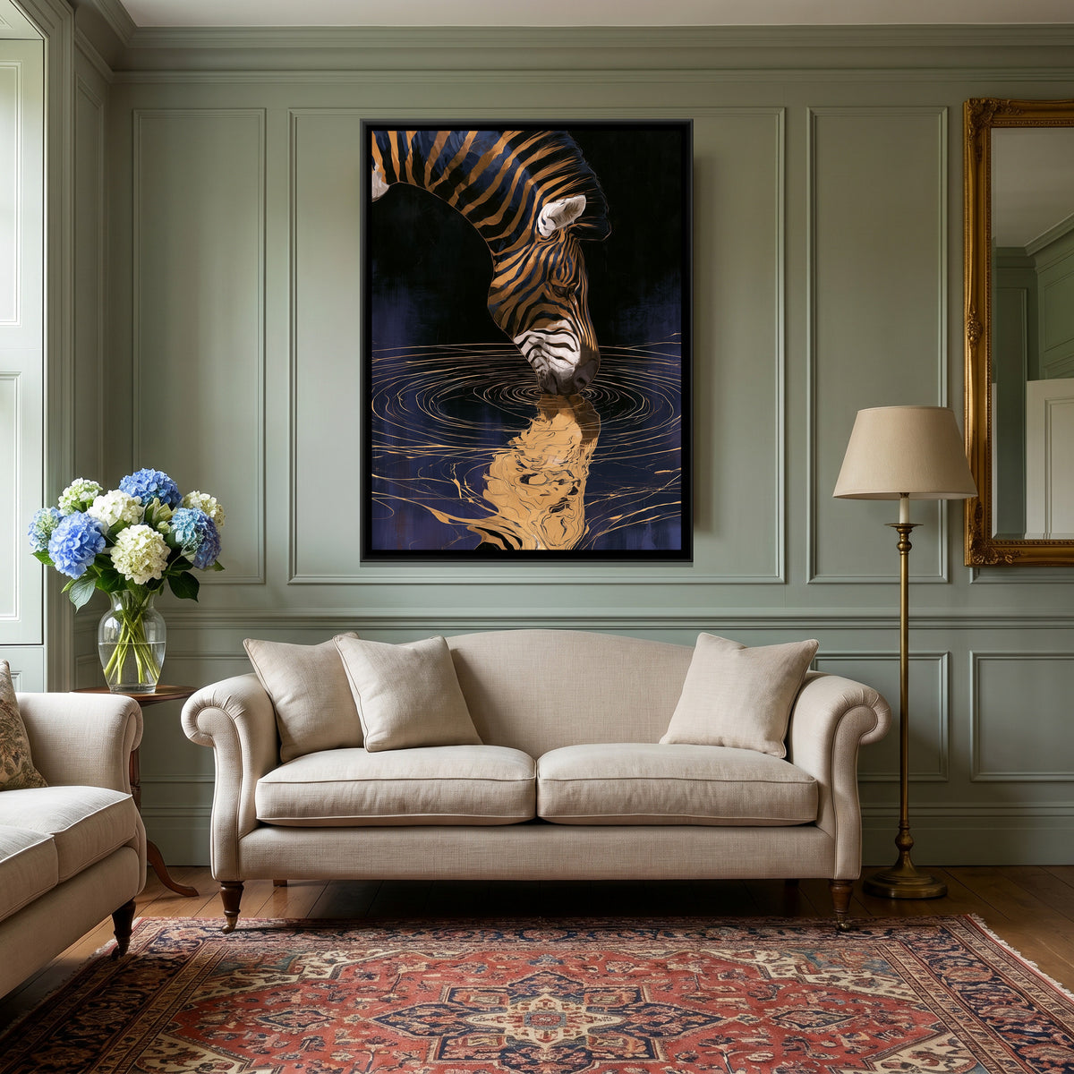 Zebra Drinking — canvas art shown in a second room setting