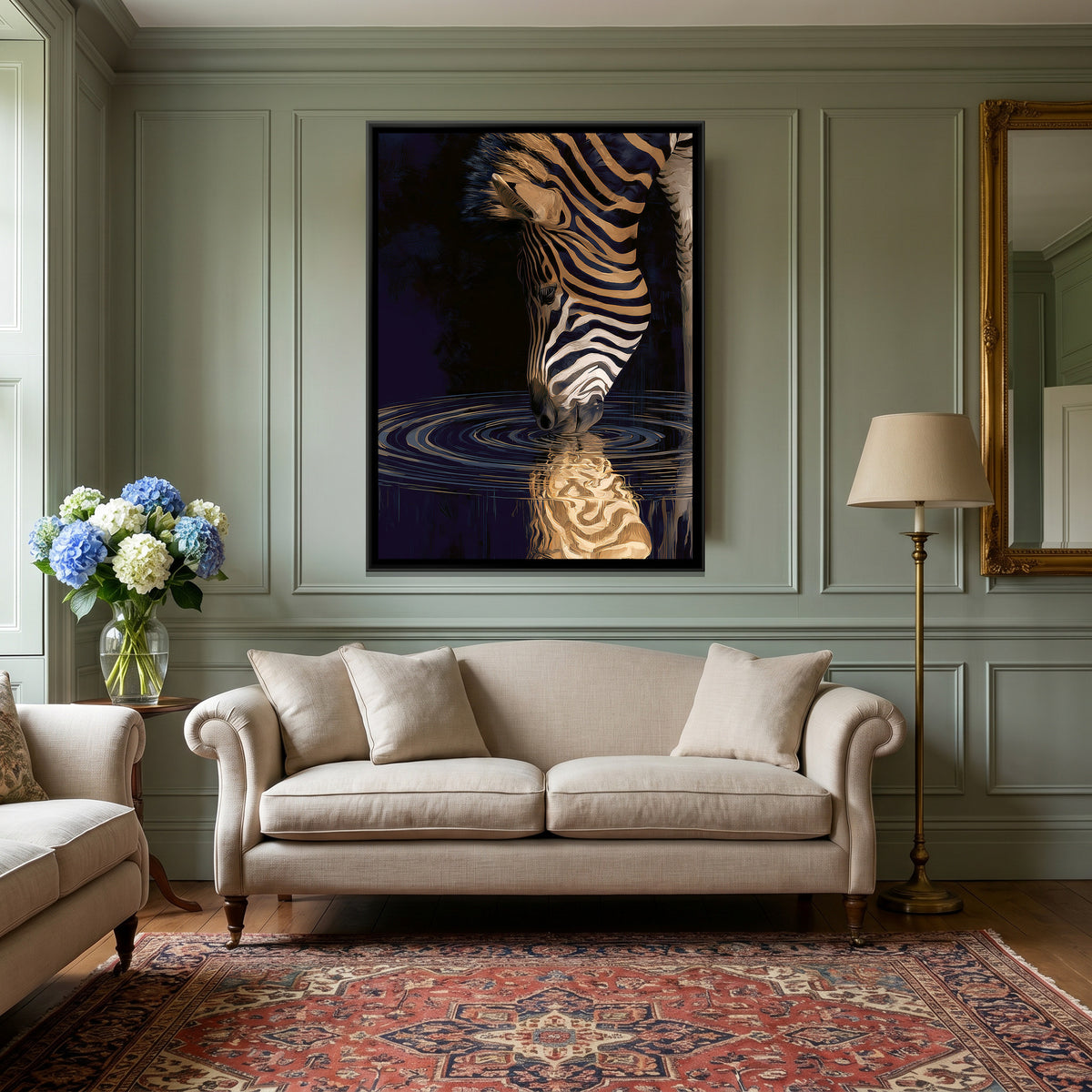 Zebra Drinking — canvas art shown in a second room setting