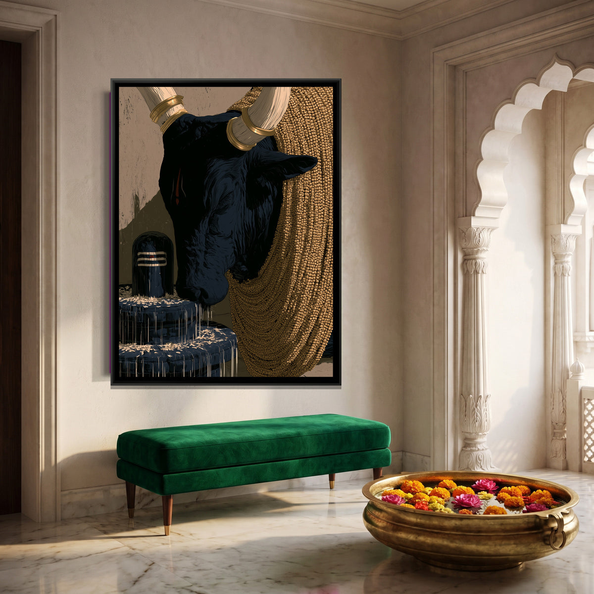 Nandi Ji and Shivling — canvas art shown in a styled room